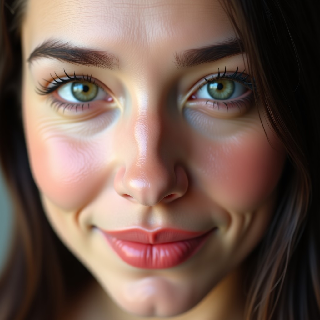 Close up shot of an actress face showing natural skin texture and eyes, soft studio lighting, high resolution, realistic style, 4:3 aspect ratio.