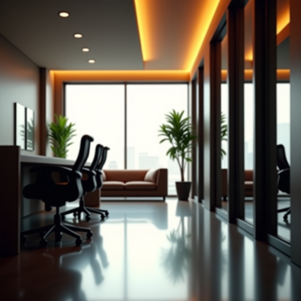 Professional cinematic shot of a modern law office interior, artistic photography, soft natural lighting, 4:3 aspect ratio.