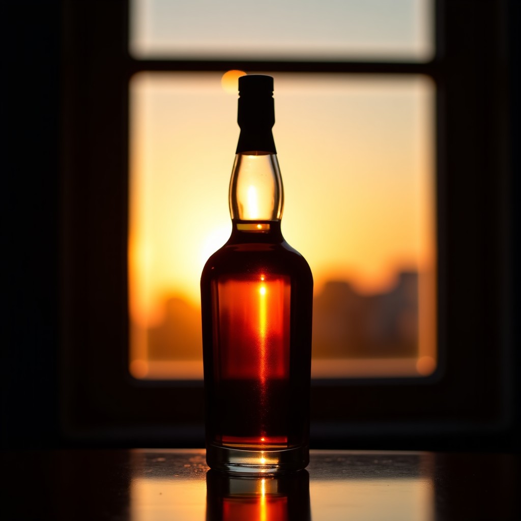 A close-up of a whisky bottle silhouette against a sunset window, elegant reflections, high contrast, warm atmosphere, 1:1