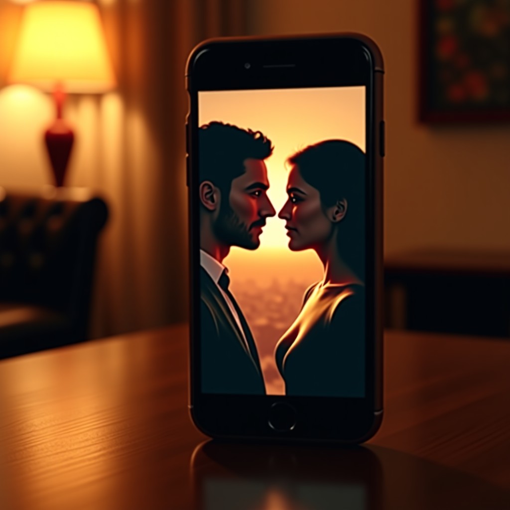 A cinematic close-up shot of a smartphone screen displaying a stylish romantic drama scene with soft warm lighting and elegant interior background, high quality, realistic, 4:3 aspect ratio