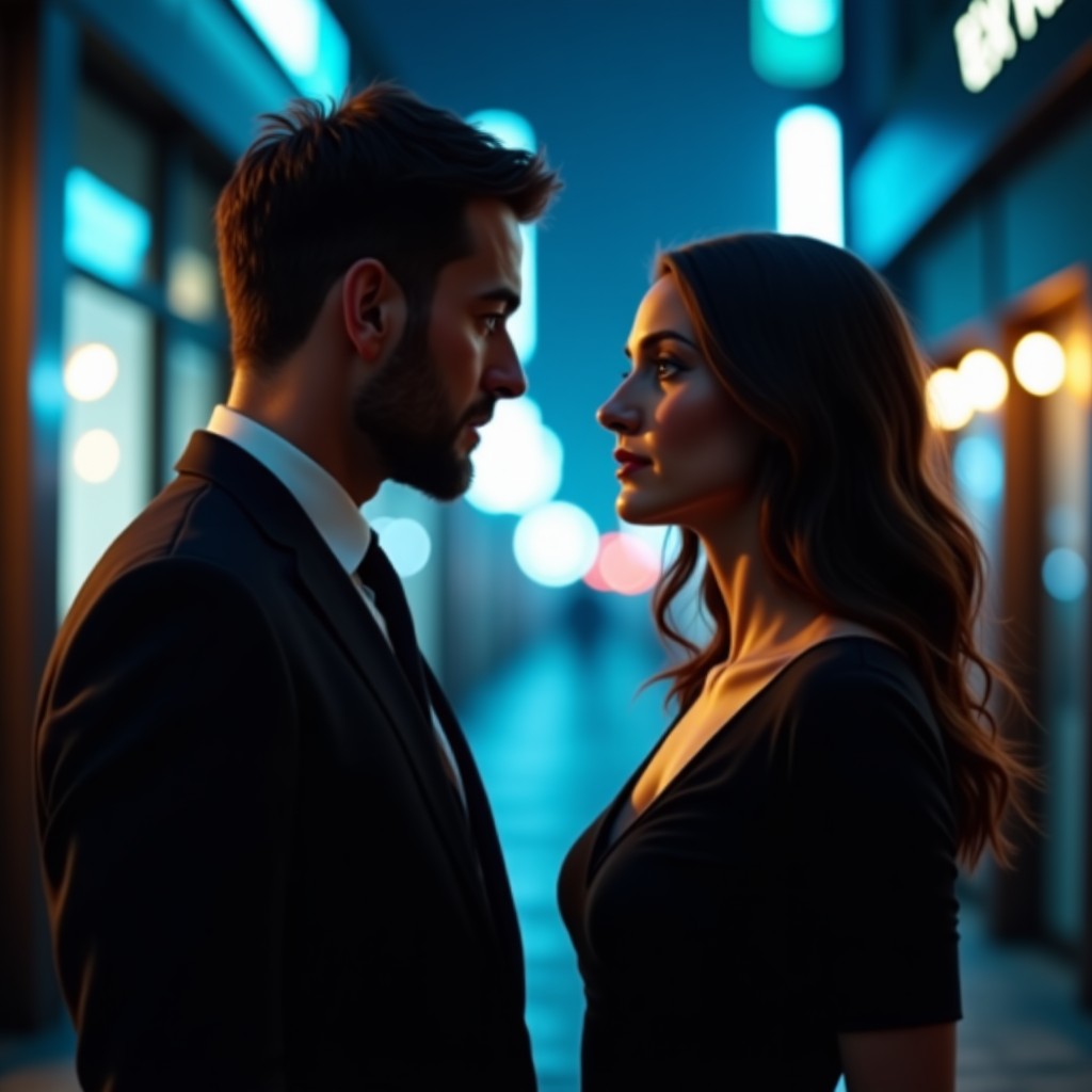 A professional cinematic shot of two actors standing in a modern, sophisticated urban setting with subtle blue and gold lighting, capturing intense emotional chemistry, shallow depth of field, 4:3 aspect ratio