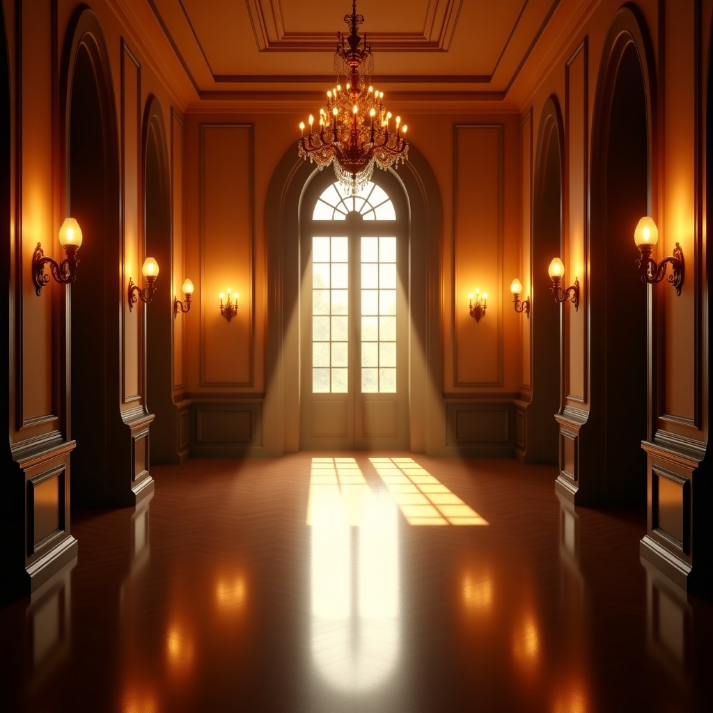 An artistic shot of an elegant ballroom setting with high ceilings and warm ambient light, reflecting a luxurious atmosphere suitable for a drama scene, cinematic quality, 4:3 aspect ratio