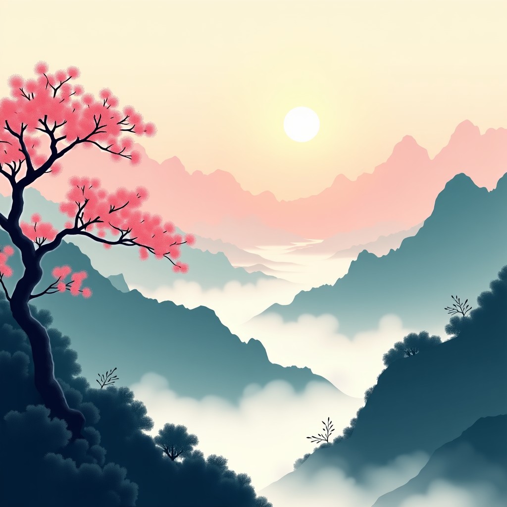 A high-quality digital illustration of a traditional Korean landscape painting inspired by Mongyudowondo with peach blossoms and mist-covered mountains, 4:3 aspect ratio