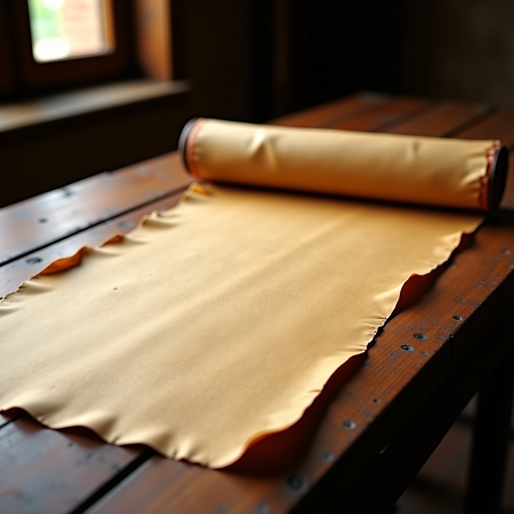 A conceptual shot of an ancient scroll resting on a wooden table, emphasizing the texture of the old painting, 4:3 aspect ratio