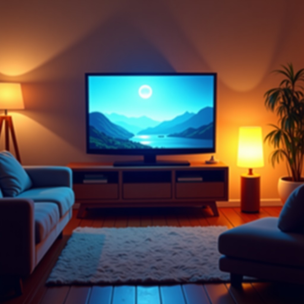 A cozy living room with a large television screen showing a high quality broadcast, warm lighting, domestic lifestyle, 4:3