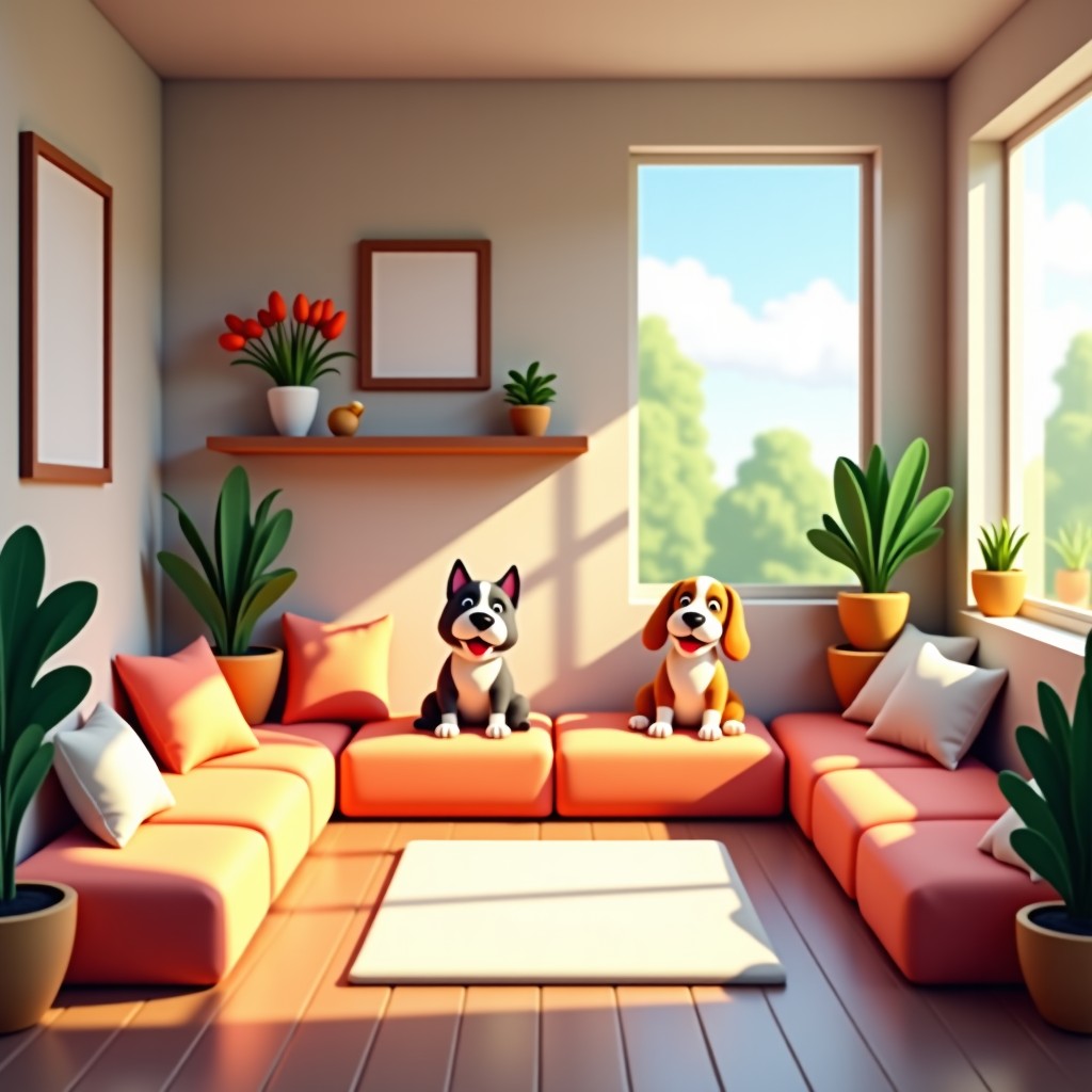 Comfortable interior of a luxury pet daycare with soft beds and safe toys, modern design, cozy atmosphere, realistic style, 4:3