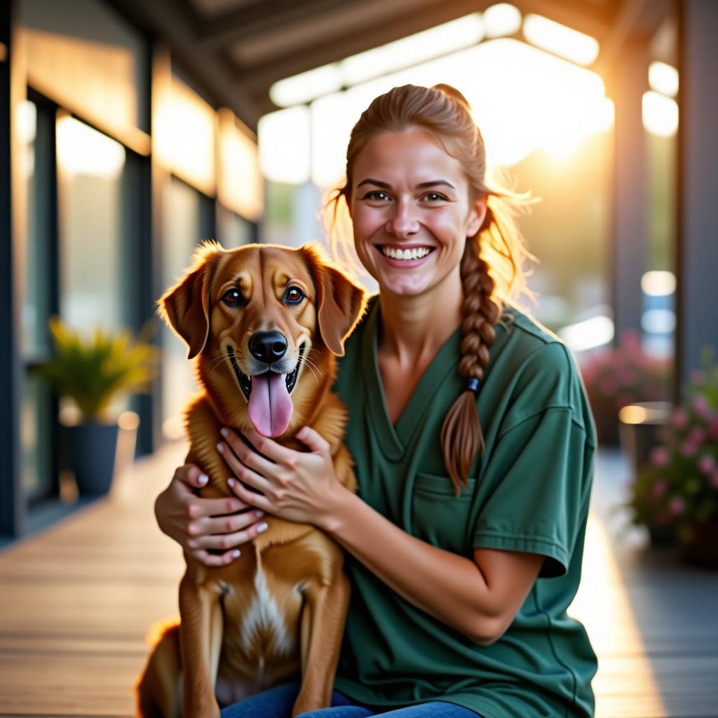 A happy owner with their dog in a pet center, bright and warm sunlight, professional atmosphere, realistic photo, 4:3