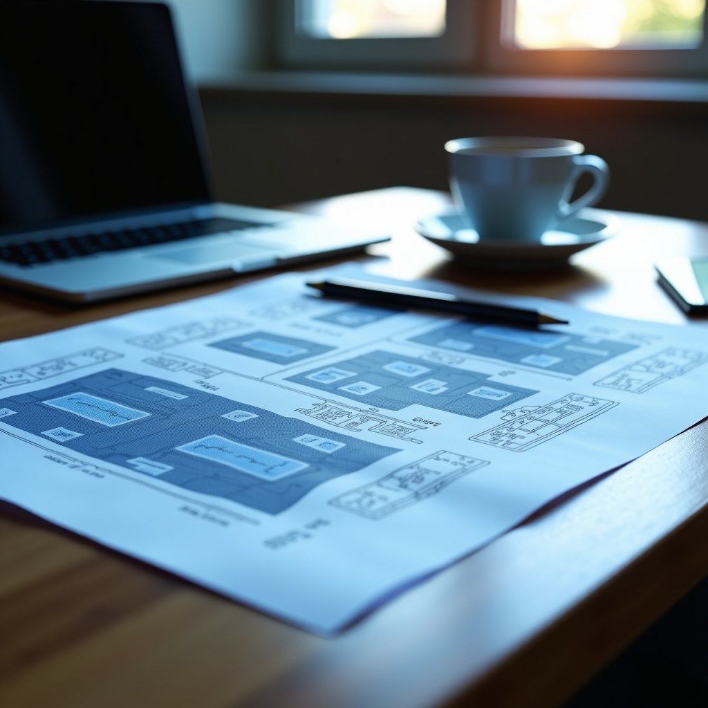 An architectural blue print on a desk with a pencil and a cup of coffee, cinematic lighting, shallow depth of field, 4:3