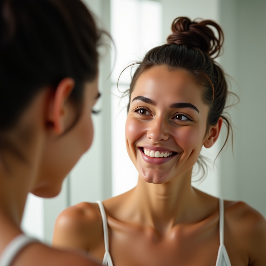 A well rested face looking in a mirror with natural glow, minimalist bathroom background, high resolution, 4:3