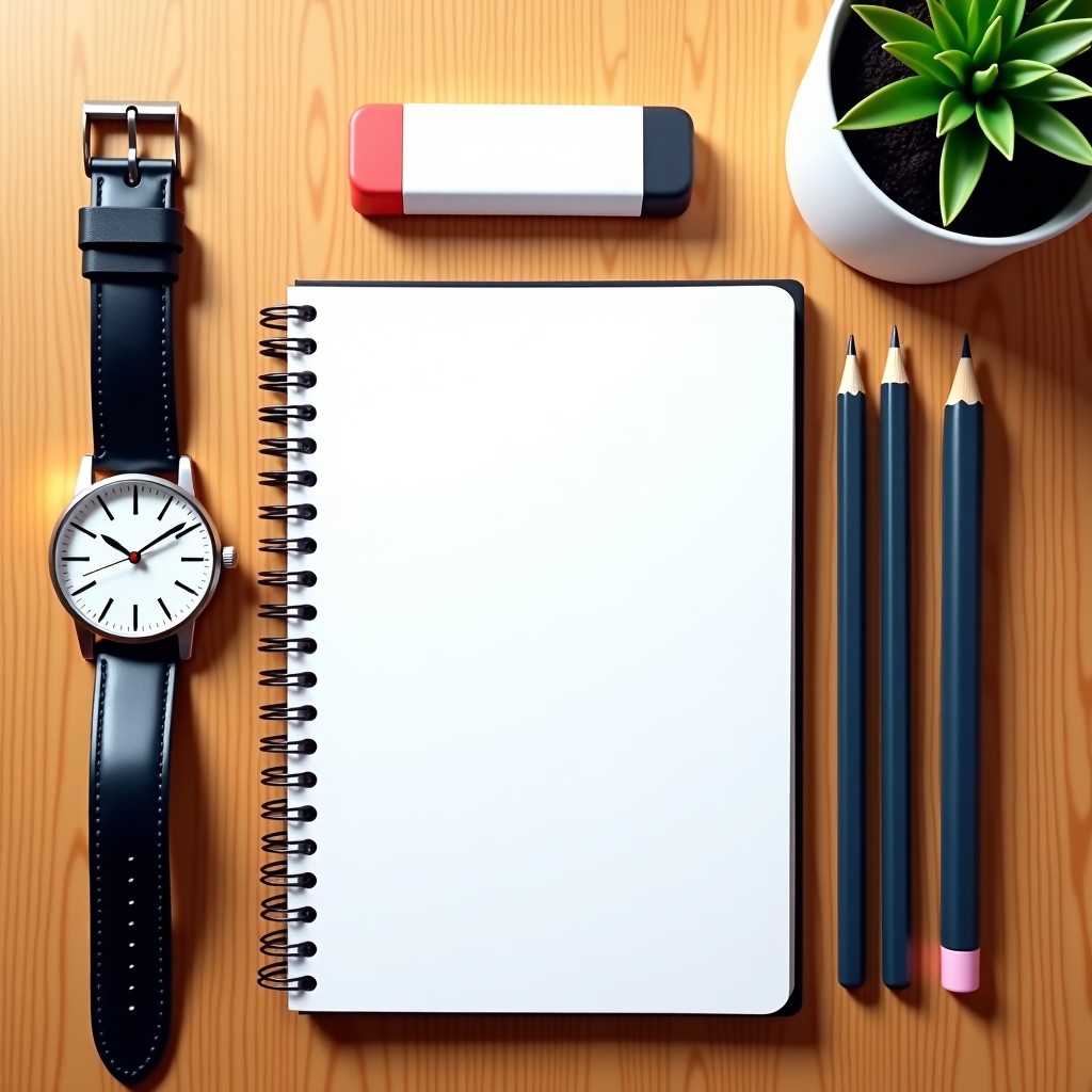 A flat lay of study materials on a wooden desk including pencils, eraser, and a classic analog wristwatch, bright lighting, realistic style, 4:3 ratio.