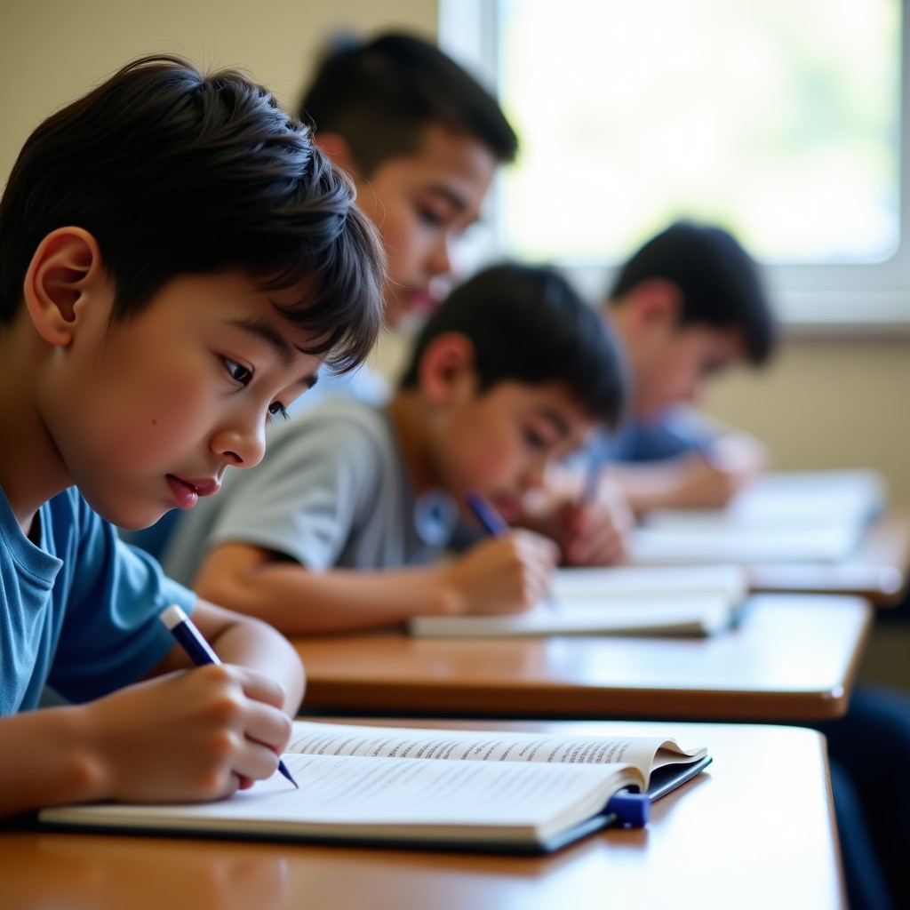 A side view of a focused student writing on an answer sheet in a bright classroom, shallow depth of field, natural lighting, realistic style, 4:3 ratio.