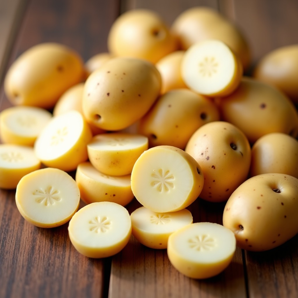 Close-up of seed potatoes cut into pieces with visible potato eyes, placed on a wooden table, informational style, clear and organized, 4:3