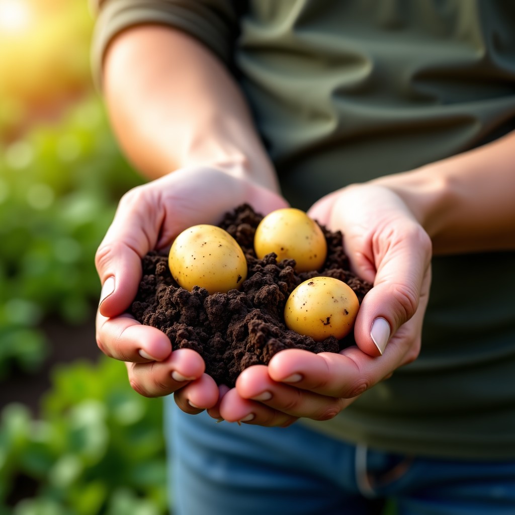 A person holding a handful of freshly harvested soil-covered potatoes in a garden, realistic and happy atmosphere, sunlight, 4:3
