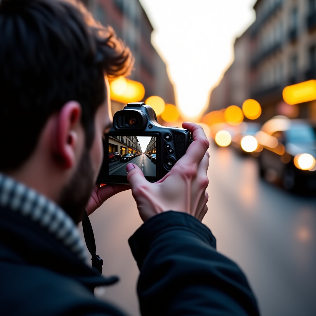 Close-up of a person taking photos of street scenery with a compact digital camera, warm lighting, urban setting, cinematic composition, 4:3 aspect ratio.