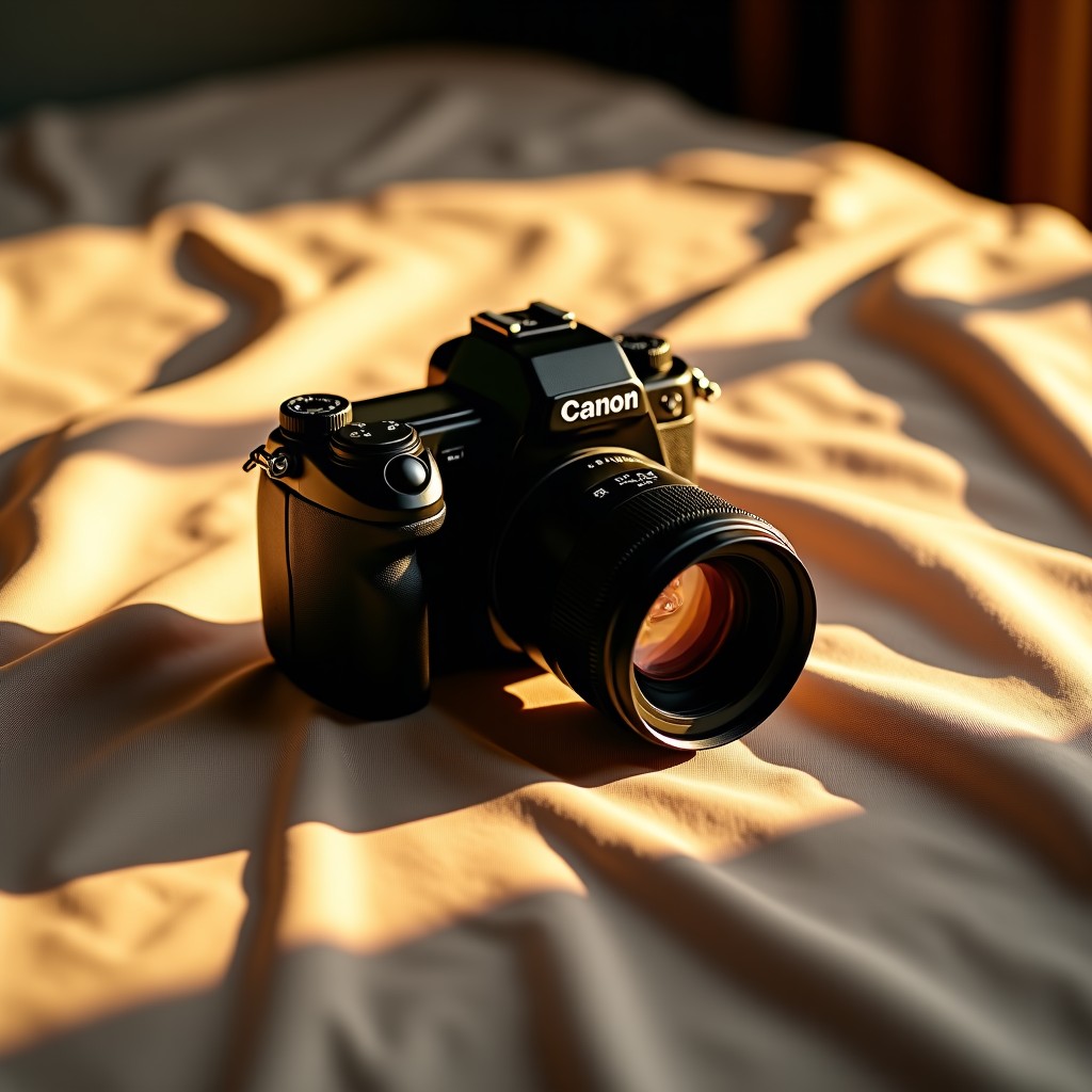 A flat lay of a camera on a textured fabric surface, golden hour light, soft shadows, artistic photography, 4:3 aspect ratio.