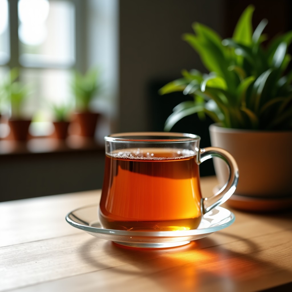 A glass of herbal tea on a wooden table, cozy indoor environment, high quality, lifestyle photography, 4:3