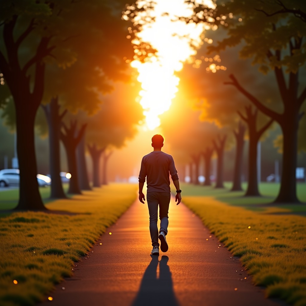 A person walking in a park during sunset, healthy lifestyle, soft lighting, wide angle, realistic, 4:3