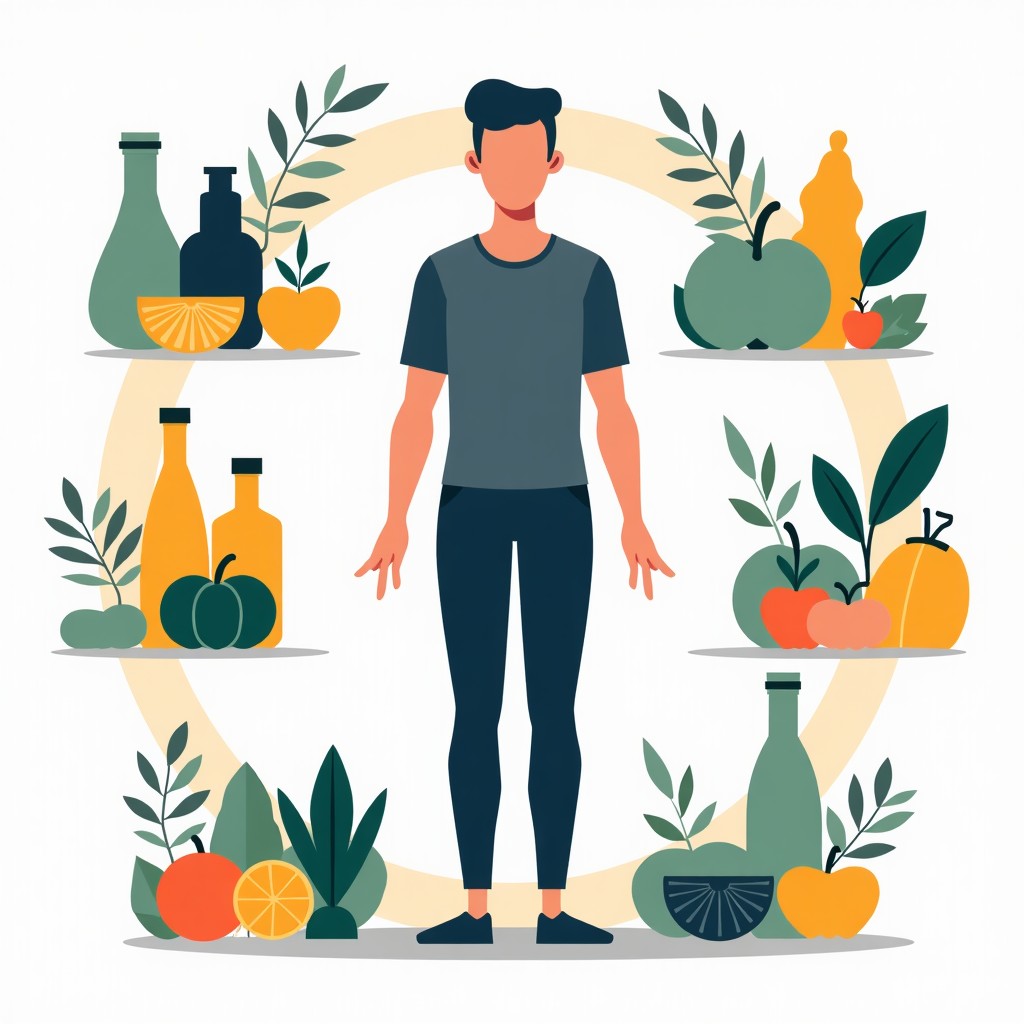 A clean and modern infographic style illustration showing body mass index concepts and healthy lifestyle icons, balanced and bright, no text, 4:3