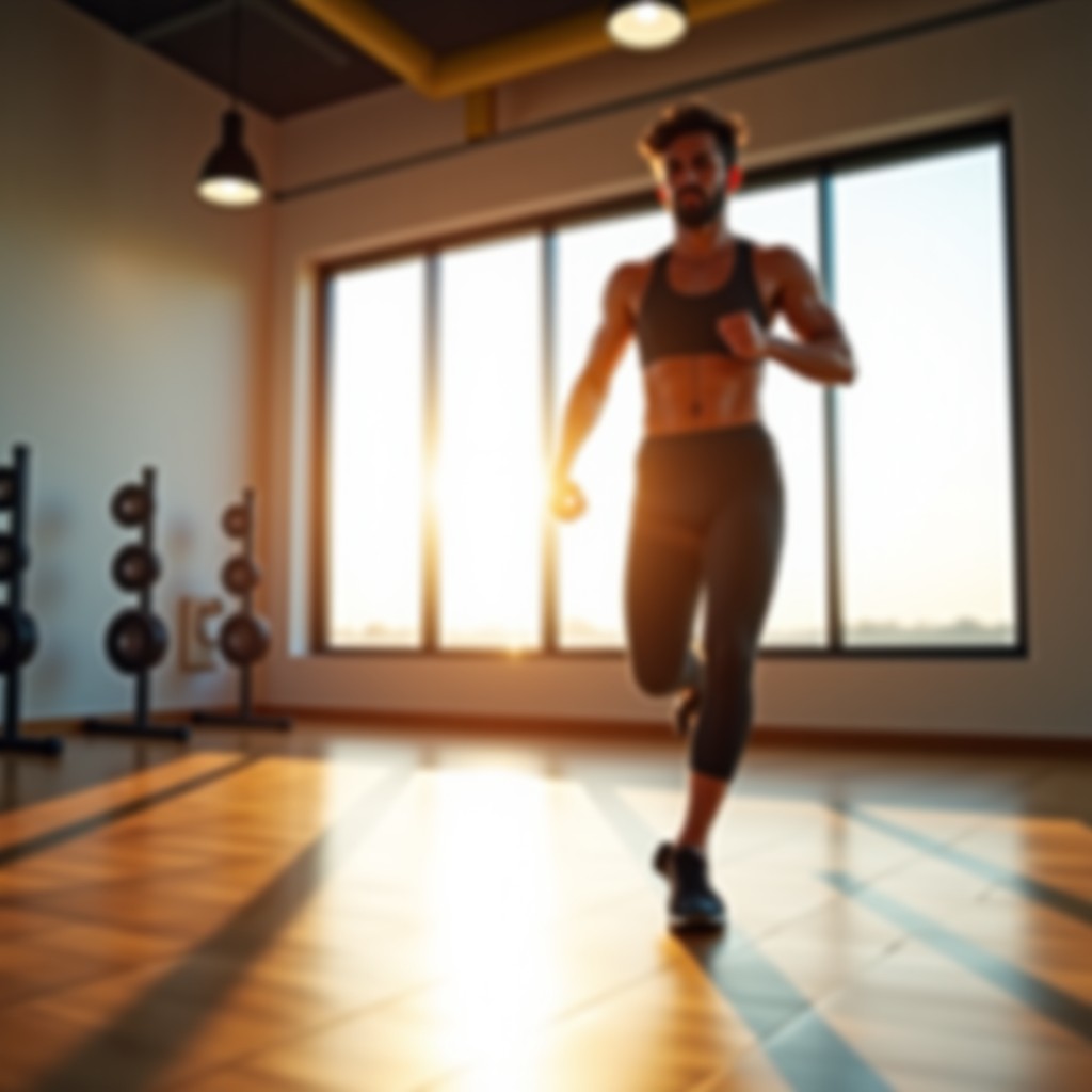A person exercising in a well-lit modern gym, focused on physical wellness, minimalist background, bright and airy, 4:3