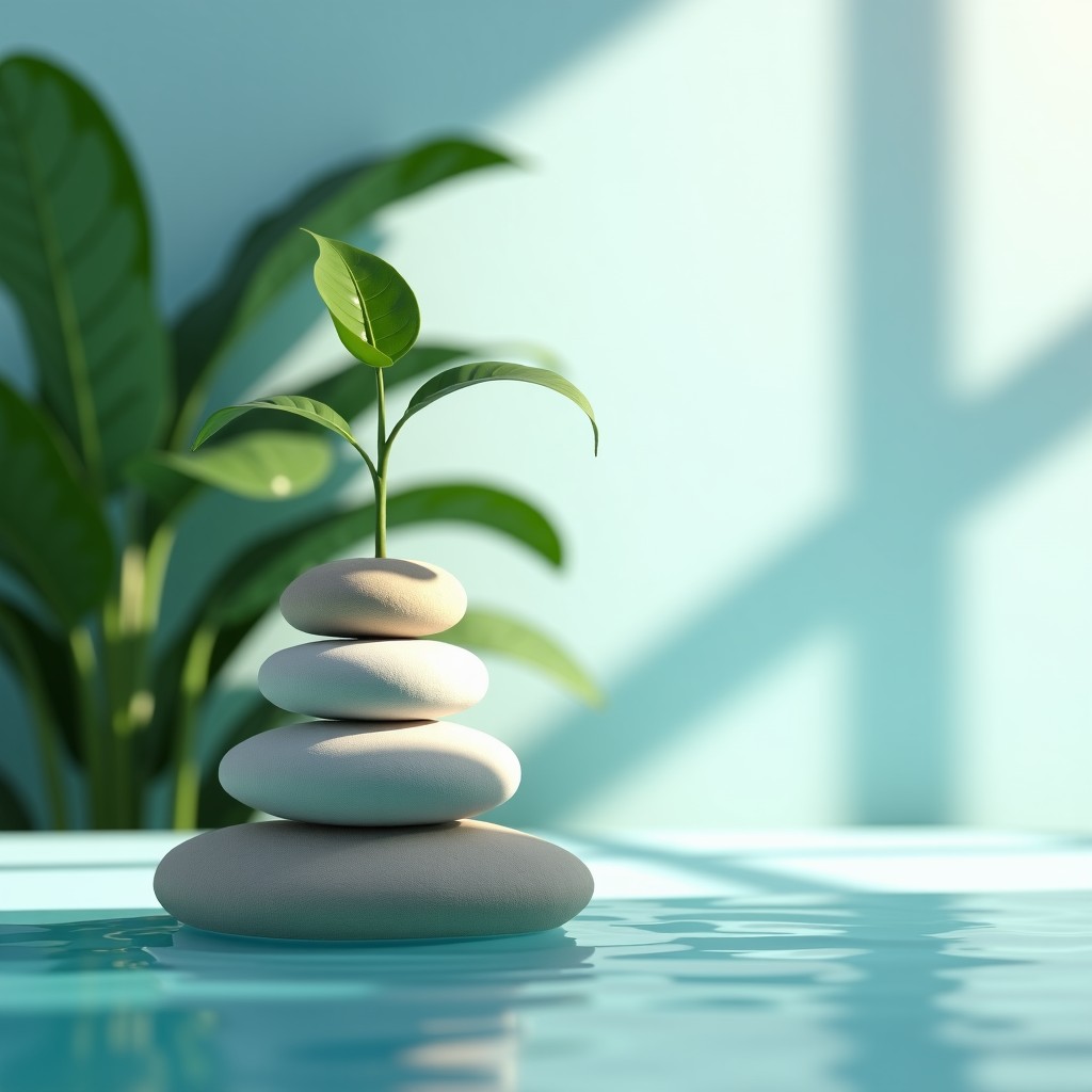 A balanced life composition with fresh water, active wear, and peaceful surroundings, soft lighting, calm and organized, 4:3