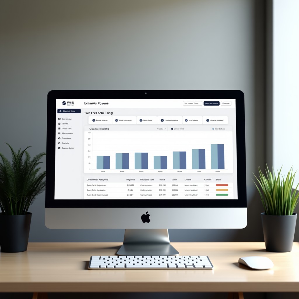 A professional office desk with a clean interface on a computer screen showing data trends, soft lighting, minimalist workspace, neutral background, 4:3 aspect ratio
