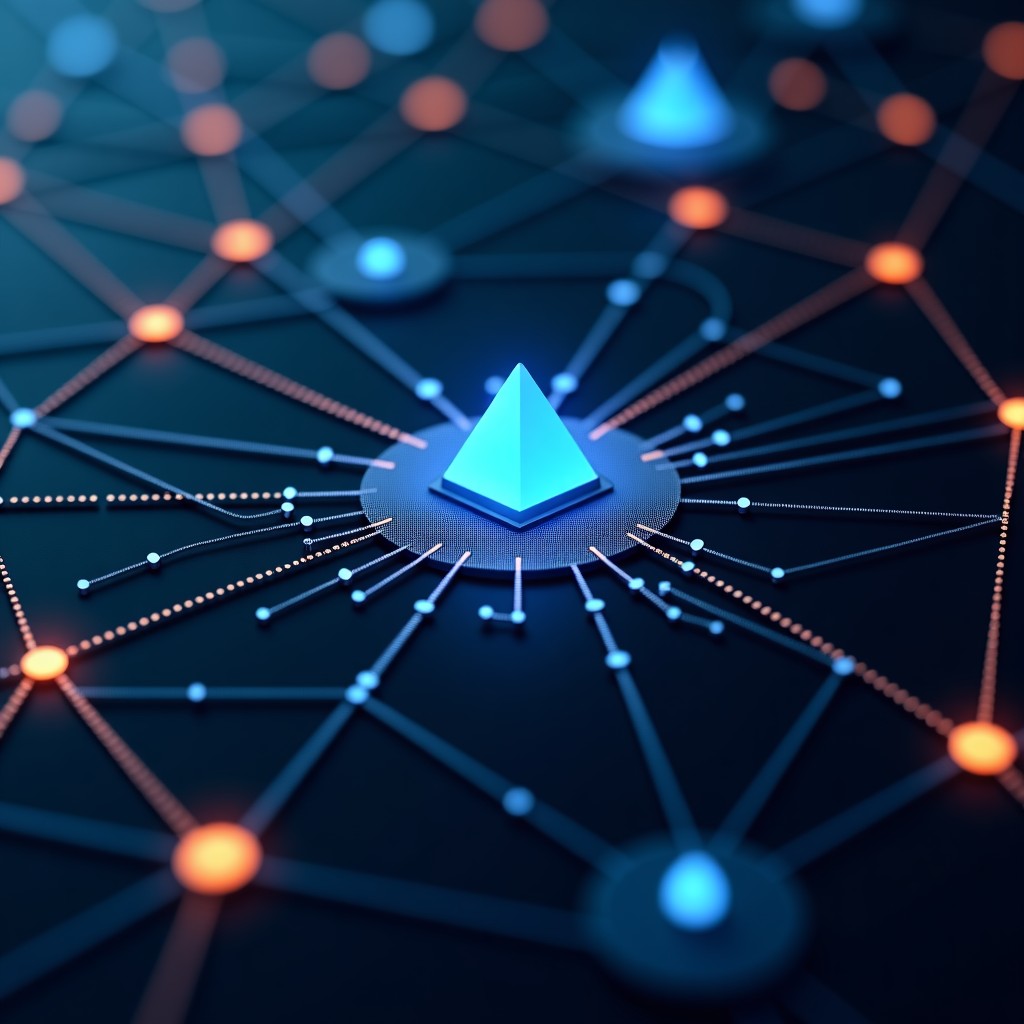 A high-tech digital environment with complex abstract nodes and glowing connection lines representing artificial intelligence infrastructure, dark theme, high contrast, 1:1 aspect ratio