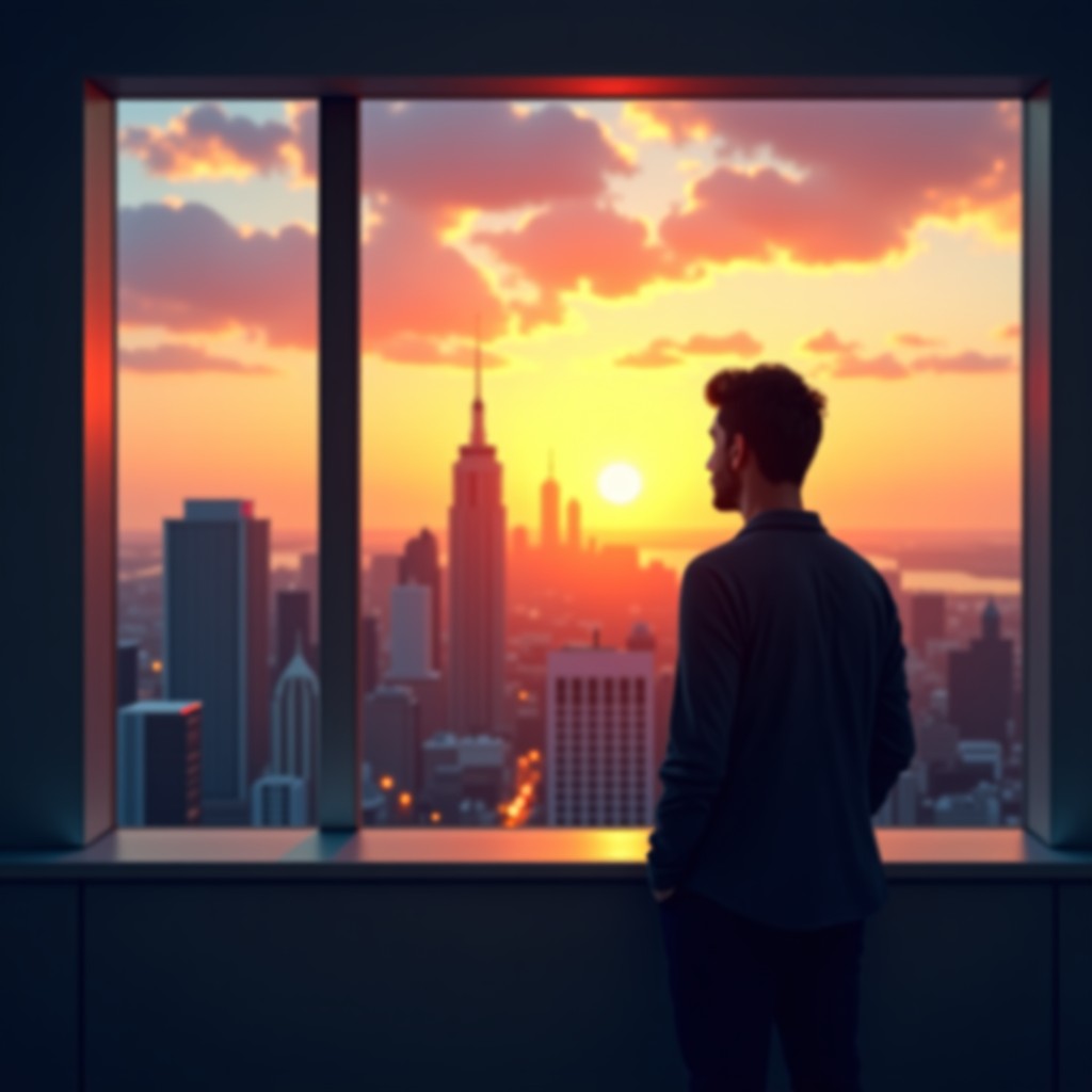 A forward-looking cinematic shot of a person looking out of a glass window at a modern city skyline at sunset, optimistic and thoughtful mood, high resolution, 4:3 aspect ratio