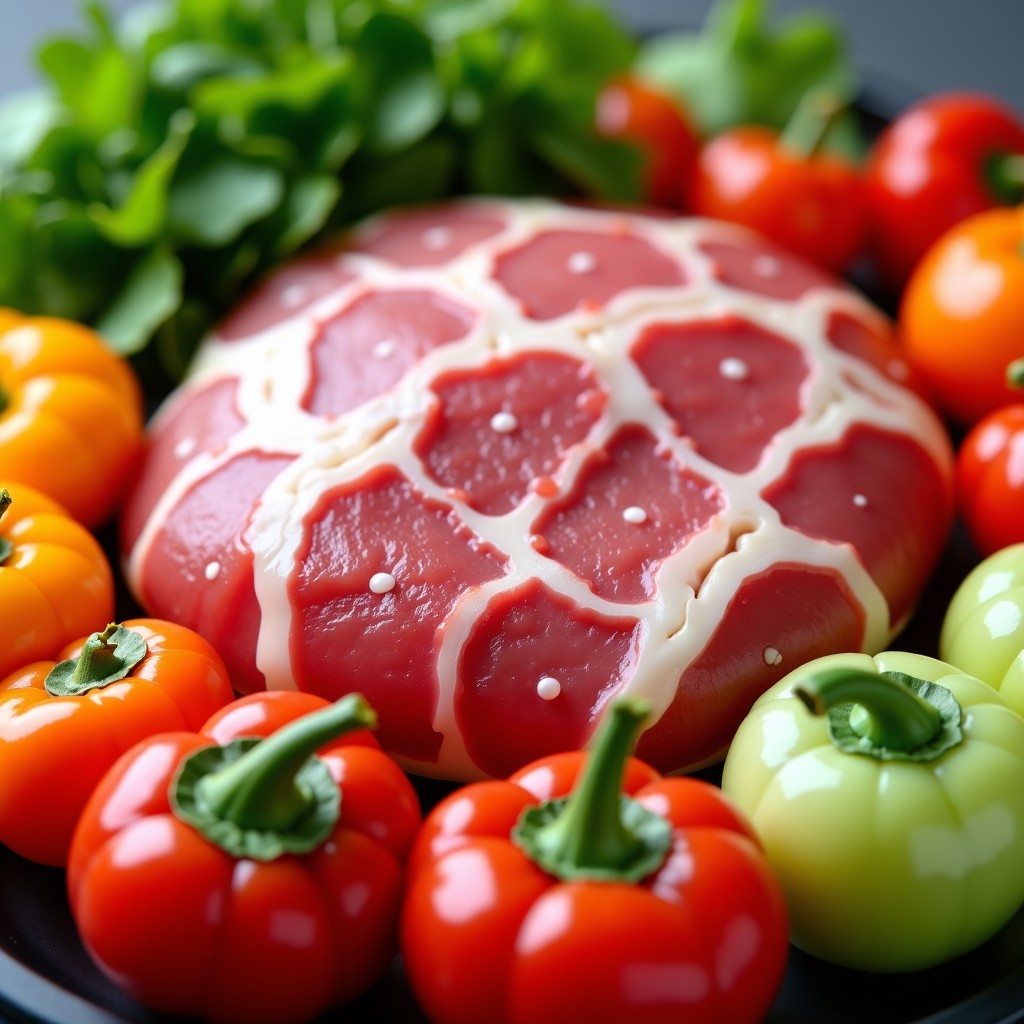 Close up of various colorful fresh vegetables and raw meat prepared for hot pot, high quality food photography, vibrant colors, 4:3