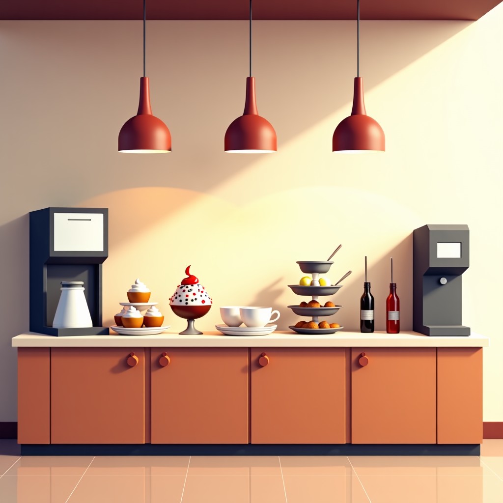 Modern cafe style dessert station with ice cream and coffee, clean and inviting, bright interior lighting, 4:3