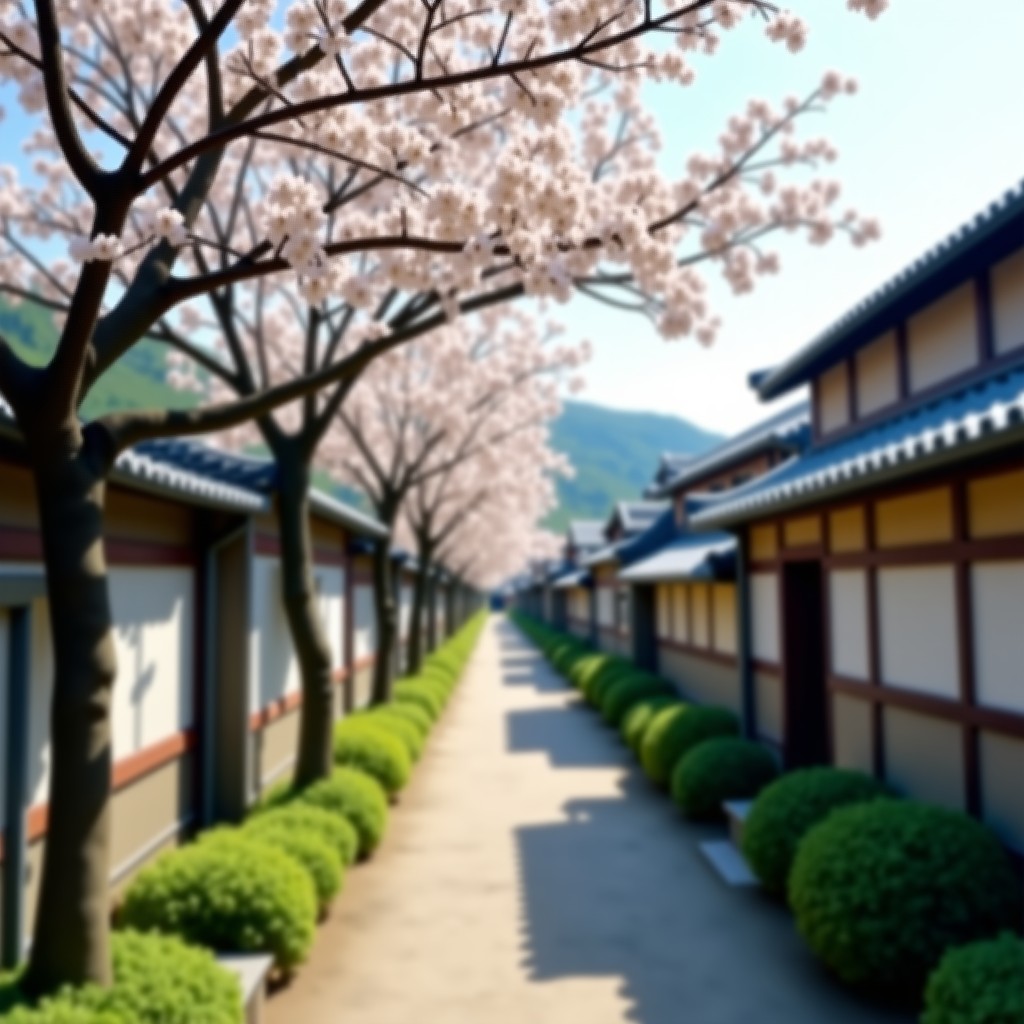 A peaceful narrow path lined with white plum blossoms in a Korean village, natural lighting, bokeh effect, realistic photography, 4:3