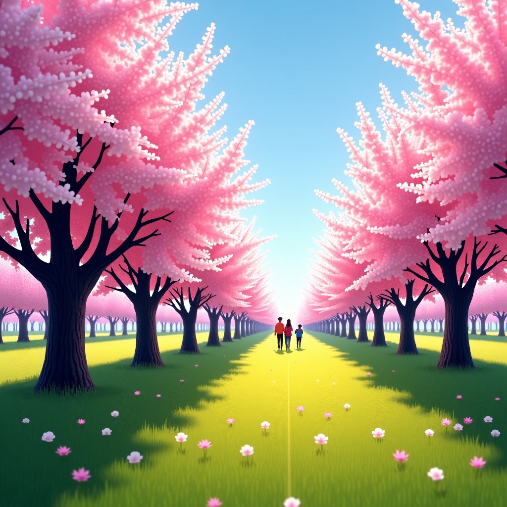 Sunny day in a plum blossom orchard, people walking naturally in the distance, bright lighting, realistic photography, 4:3