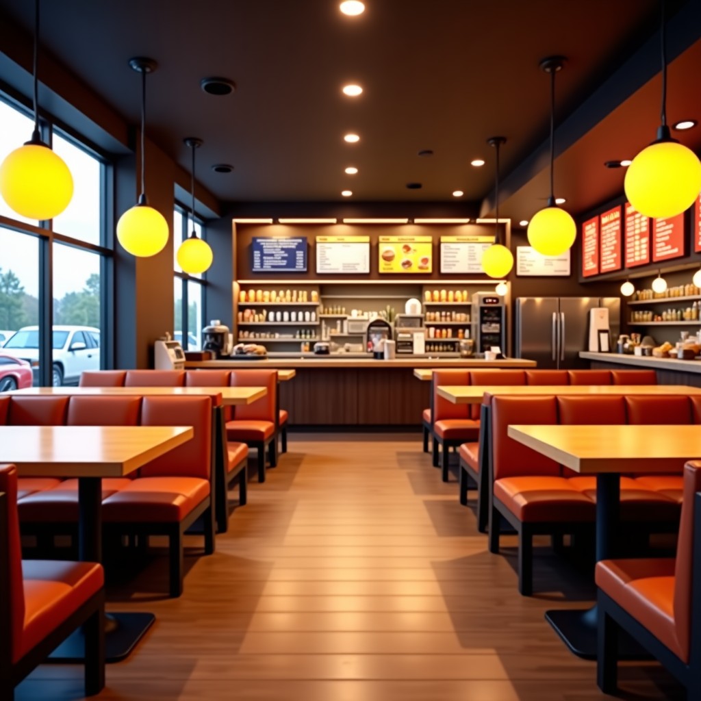 A modern fast food restaurant interior with warm lighting and wooden furniture, inviting atmosphere, high resolution, 4:3