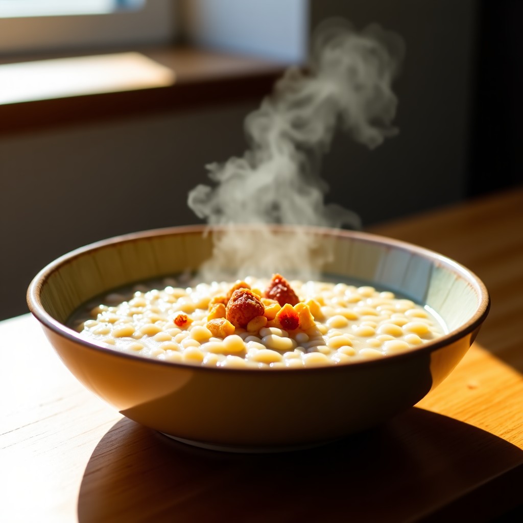A close up shot of a warm hearty porridge in a clean ceramic bowl, steam rising, natural lighting, minimalist table setting, 4:3