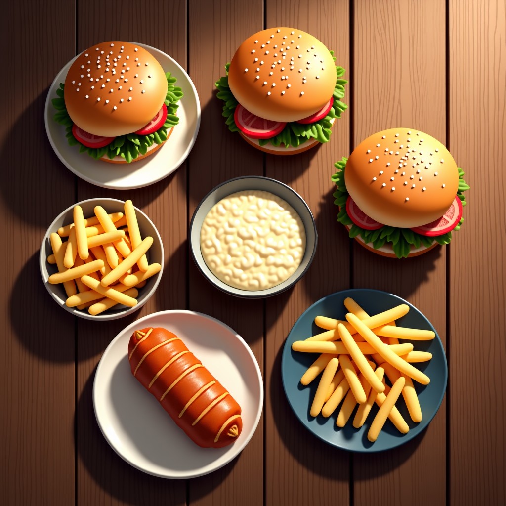 A top view of a rustic wooden dining table with a variety of fast food items and a bowl of porridge, realistic style, soft daylight, 4:3