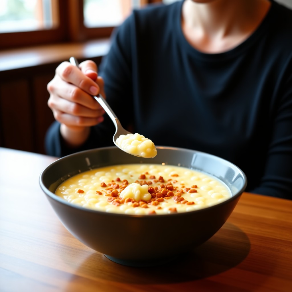 A person sitting at a comfortable booth in a restaurant holding a spoon over a bowl of hearty porridge, professional photography, focus on the meal, 4:3