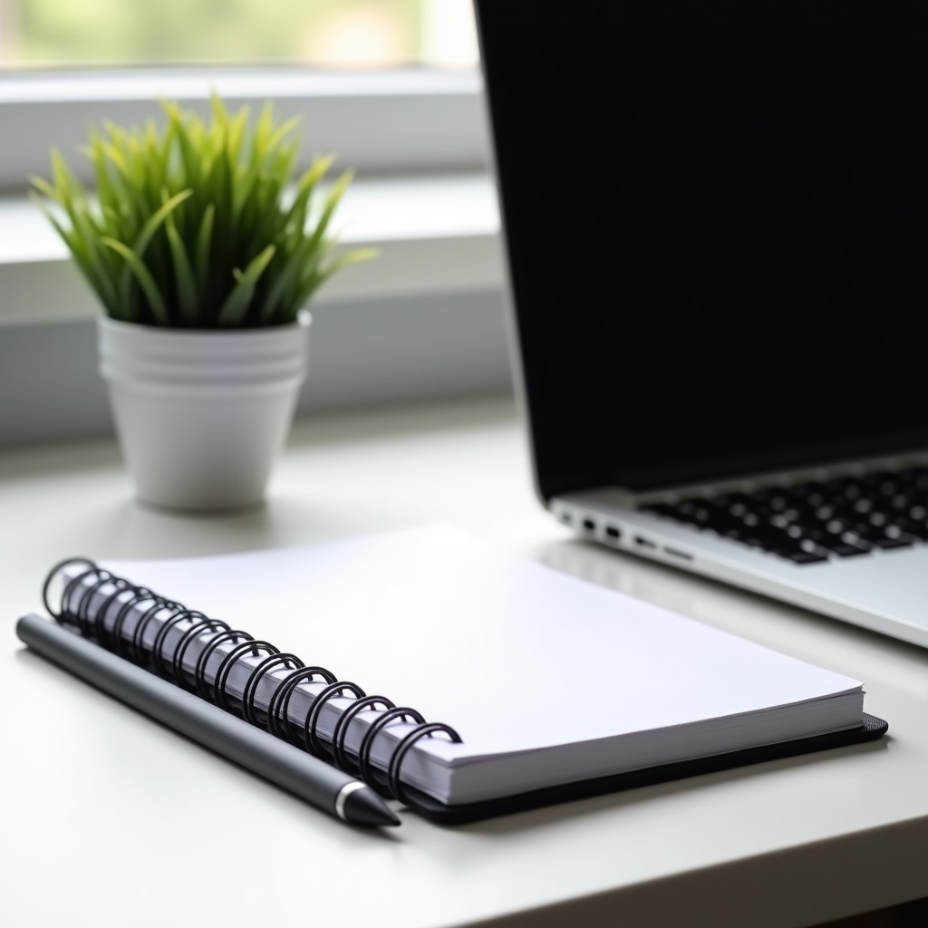 A close-up shot of a modern clean workspace with a notebook and a laptop, minimalist aesthetic, professional lighting, realistic 4:3