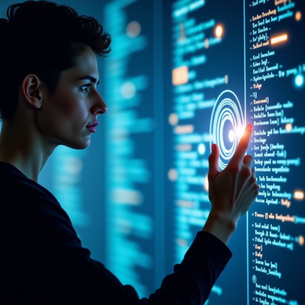 A person looking at a transparent digital screen with floating code blocks and abstract icons, sophisticated tech vibe, high resolution 4:3