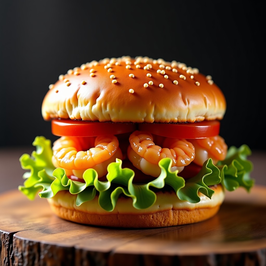A classic shrimp burger with fresh lettuce and sauce, cinematic lighting, appetizing fast food photography, 4:3