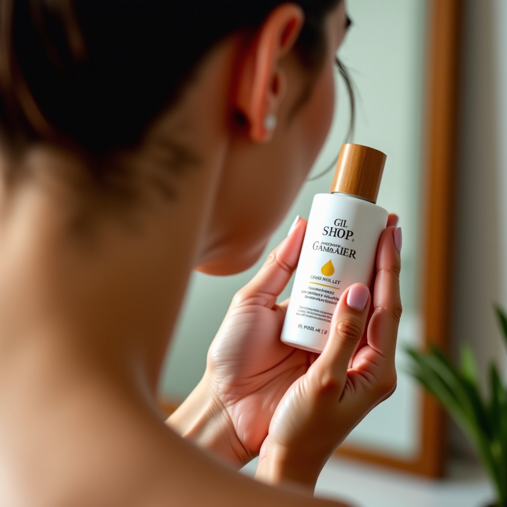 Close-up of a person checking the back of a skincare product label with a focused expression, warm indoor lighting, high-quality photography, 4:3
