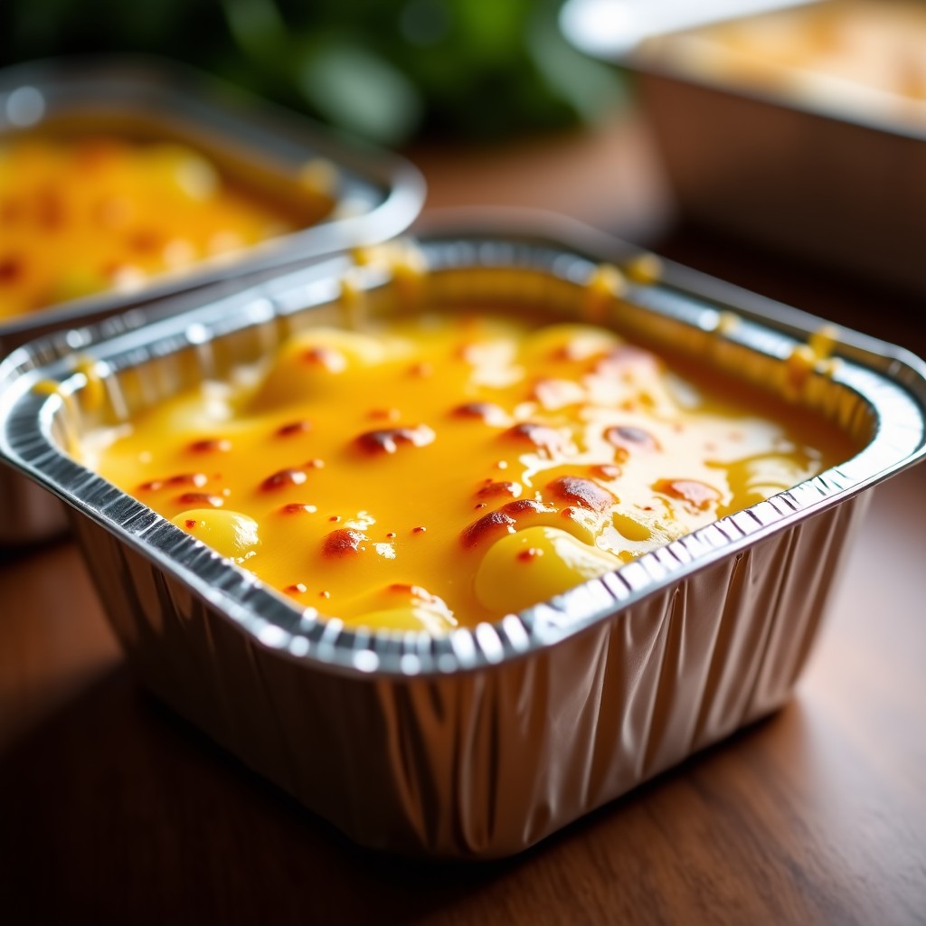 A close-up, high-quality photograph of a warm potato and cheese gratin in a small disposable foil container, melted golden cheese texture, soft focus background, warm cozy kitchen lighting, 4:3 aspect ratio