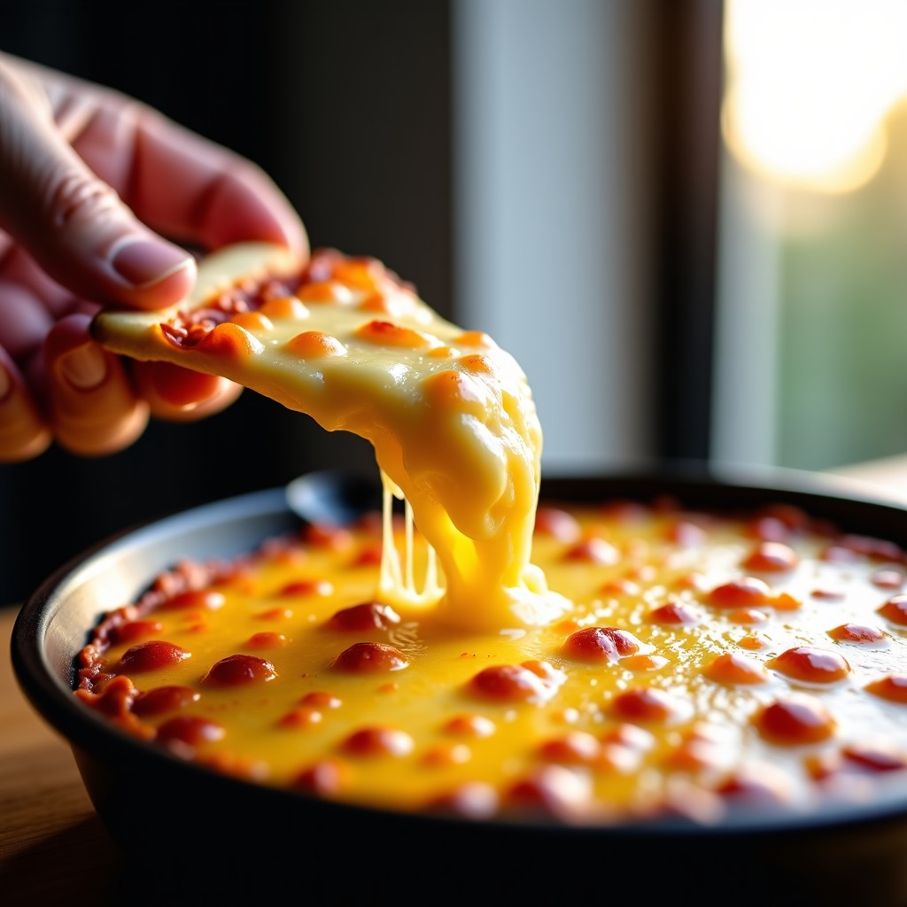 A person holding a piece of pizza crust dipped into a potato and cheese gratin, warm and creamy texture, realistic lifestyle photography, soft sunlight from a window, 4:3 aspect ratio