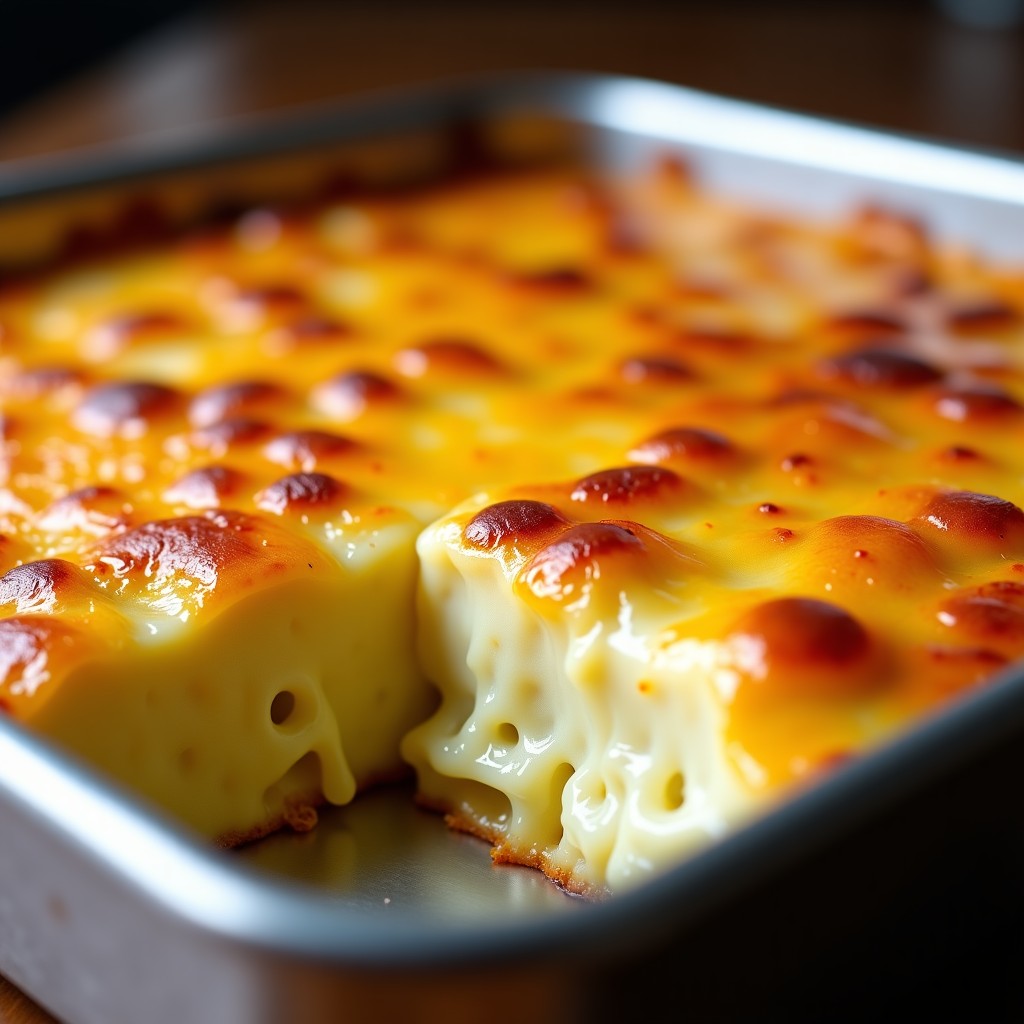 Close-up of potato gratin with melted cheese in a metal container, focus on the golden brown crust and gooey cheese, culinary photography style, sharp details, warm atmosphere, 4:3 aspect ratio