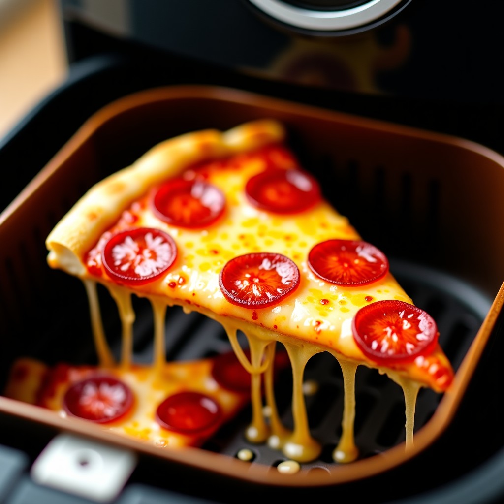 A slice of pizza being placed in an air fryer, golden crust, melted cheese texture, close up, warm ambient lighting, 4:3