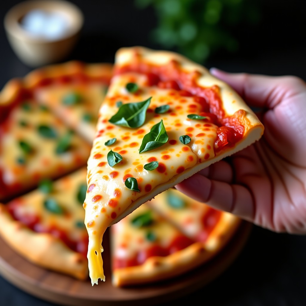 A perfect slice of cheesy potato pizza held by hand, blurred background, high quality food photography, appetizing look, 4:3