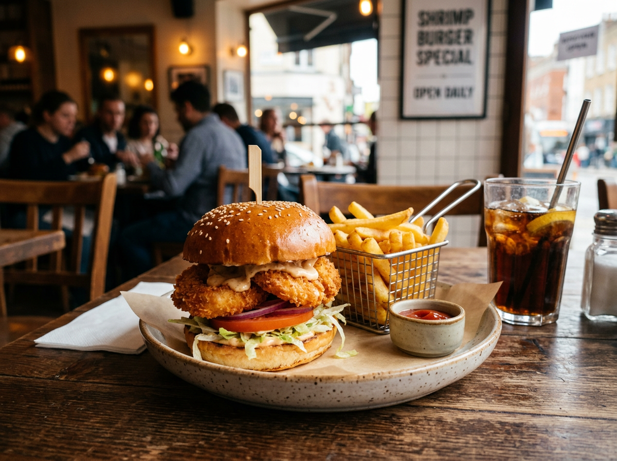 맘스터치 매장의 먹음직스러운 새우버거 세트