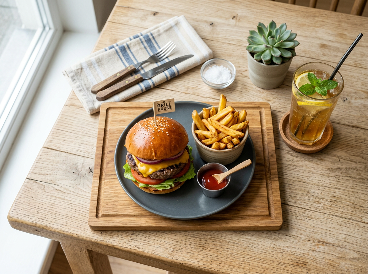 깔끔하게 차려진 맘스터치 버거 세트 테이블