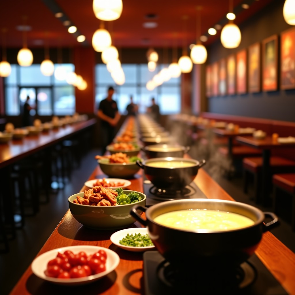 A busy modern Chinese hot pot restaurant interior with tables featuring boiling soup pots and fresh ingredients, warm lighting, cinematic depth of field, 4:3.