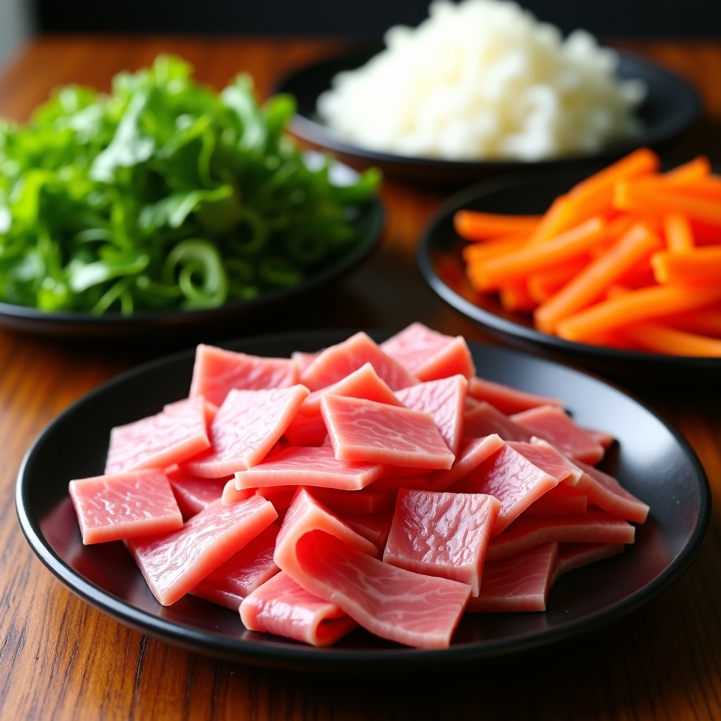 Close up of raw hot pot ingredients like thin beef slices and fresh vegetables arranged on plates on a wooden table, high quality, vibrant colors, 4:3.