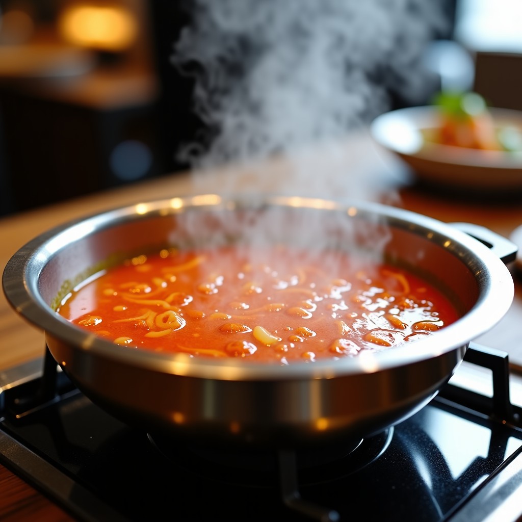 Close up shot of boiling spicy soup in a metal hot pot with steam rising, blurred background of a modern restaurant, realistic photography, 4:3.
