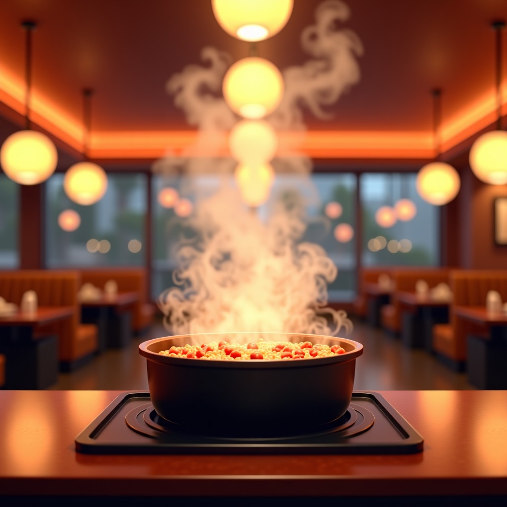 A modern and vibrant hot pot restaurant interior with steam rising from a flavorful hot pot, realistic high-quality photography, warm ambient lighting, 4:3